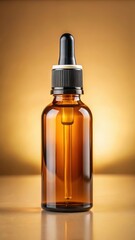 A dropper bottle filled with amber glass liquid on a neutral colored background