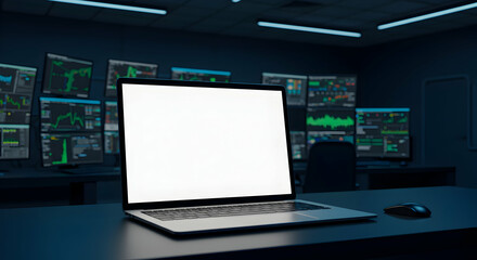 Naklejka premium Blank Laptop Screen in Dark Modern Office Control Room Mockup