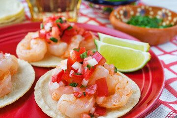 メキシコの美味しいタコス　エビのタコス（海老のタコス） サルサ・メヒカーナ（サルサメヒカーナ）を添えて　Delicious Mexican tacos: Shrimp tacos, served with Salsa Mexicana 