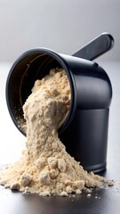 A black scoop made of plastic or metal with protein powder spilling out