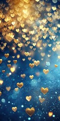 A blue background with scattered gold hearts and soft bokeh lights resembling a romantic night sky