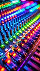 A close-up view of vibrant neon lights illuminating a music mixing board with various knobs and sliders