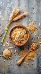 A bowl of rolled oats in a minimalist flat lay with other whole grain foods and natural elements