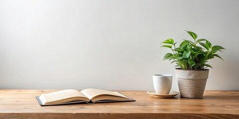 A serene desk setup with a minimalist potted plant beside an open book on a wooden surface