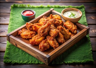 Crisp fried chicken wings arranged artfully on a rustic wooden tray atop a lush football field grass background