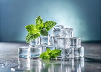 A serene still life photography featuring a cluster of ice cubes and crisp mint leaves placed artfully on a sleek