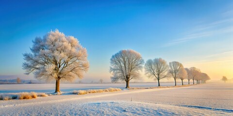 A serene winter landscape with bare trees against a pale blue sky and snow-covered fields in a peaceful countryside setting