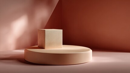 Minimalist design featuring a beige cube on a smooth cylinder platform against a terracotta background with soft shadows and clean lines