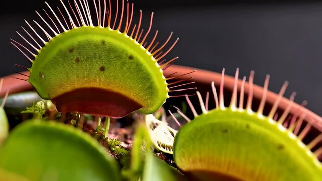 Close-up of Venus flytrap plants with open traps and sensory hairs, showcasing the unique carnivorous adaptation in a terrarium.