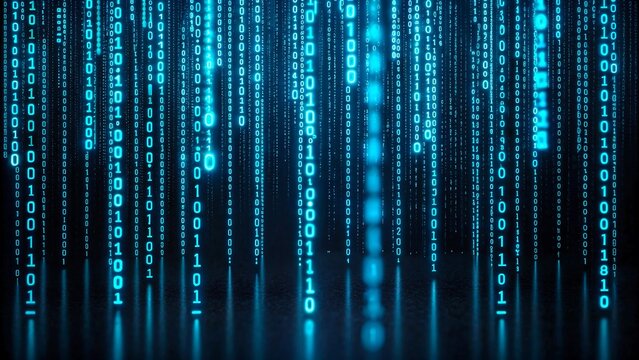 Falling blue binary code with glowing matrix effect on dark digital background
