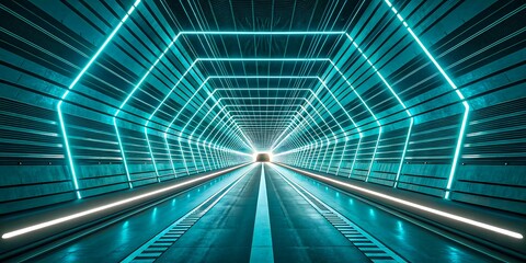 Futuristic neon tunnel with glowing hexagon light lines in high-speed perspective

