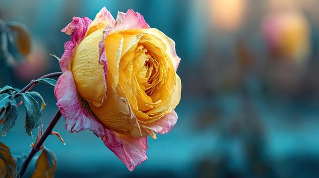 Breathing meditation for emotional strength and healing concept. Close-up of a beautiful yellow rose with pink edges in soft focus.