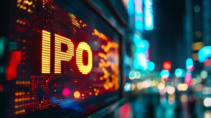 Close-up of golden stock market ticker displaying IPO with financial charts, symbolizing investment opportunities and capital market growth. Financial business and trading concept.