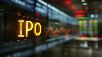 Close-up of golden stock market ticker displaying IPO with financial charts, symbolizing investment opportunities and capital market growth. Financial business and trading concept.