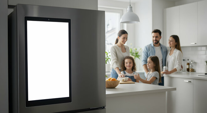 Happy family enjoying breakfast modern kitchen smart fridge blank screen mockup - Powered by Adobe