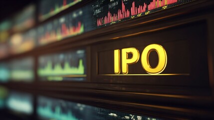 Close-up of golden stock market ticker displaying IPO with financial charts, symbolizing investment opportunities and capital market growth. Financial business and trading concept.