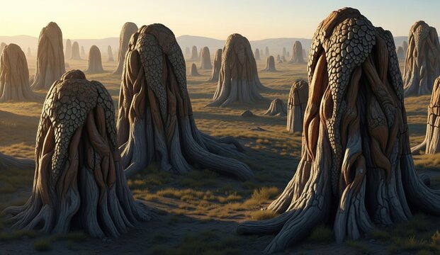 Epic fantasy landscape of an alien planet with ancient, giant, tree-like rock formations at sunset.