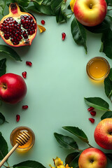 Rosh Hashanah Jewish New Year holiday concept. Frame of honey with apple, pomegranate, green leaves on green background.