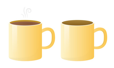 Two yellow mugs, one filled with hot coffee and the other empty, vector eps10 illustration