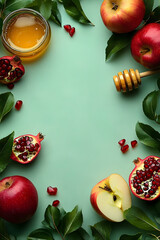 Rosh Hashanah Jewish New Year holiday concept. Frame of honey with apple, pomegranate, green leaves on green background. 2
