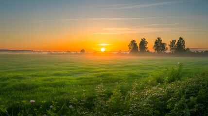 Obraz premium Golden Sunrise Over Green Field with Mist and Trees in the Distance