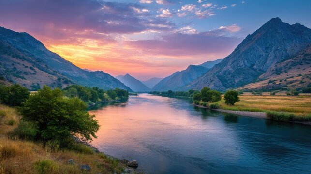 Inner peace journey for relaxation and emotional healing concept. Serene river scene with mountains and colorful sunset hues.