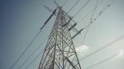 Metal electricity transmission tower against a pale sky.
