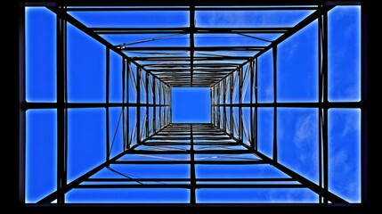 Metal framework structure reaching into a vibrant blue sky.