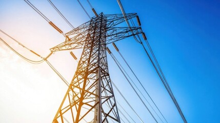 Metal power lines tower against a clear blue sky.