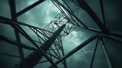 Metal telecommunication tower under a stormy sky.