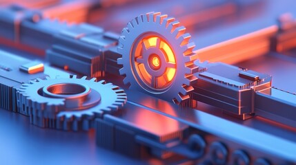 Metallic gears and mechanisms in close-up, glowing orange center gear.