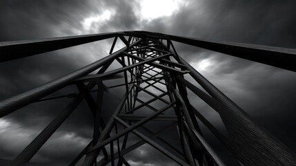 Metal tower structure reaching up to dramatic sky.