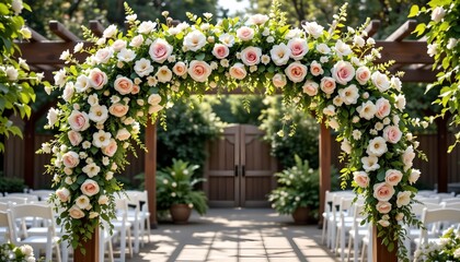 Obraz premium an elegant outdoor wedding arch adorned with pink flowers. this floral arch is prominently positioned in front of a building that appears to be part of a larger venue