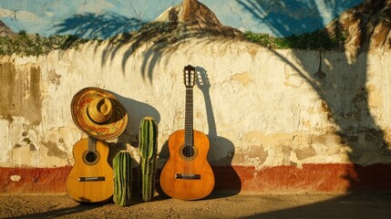 Mexican guitars, sombrero, and cacti resting against a weathered wall, bathed in sunlight.