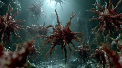 Microbes, viruses, or bacteria in a dark, subterranean environment.  Complex, intricate, and ominous microscopic organisms.