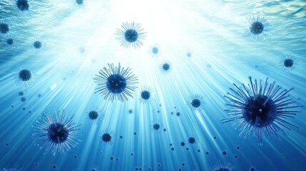 Microscopic organisms underwater, illuminated by sunlight.