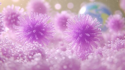 Microscopic virus clusters, earth in the background. Abstract representation of pandemic or global health concern.