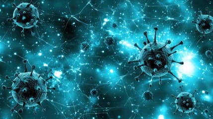 Microscopic viruses in a network of pathways.  Abstract illustration of viral particles and neural connections.