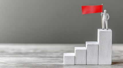 Miniature businessman on a wooden podium holding a red flag.