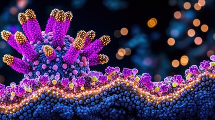 Microscopic virus, vibrant colors, intricate structure, scientific illustration, detailed view, biological, 