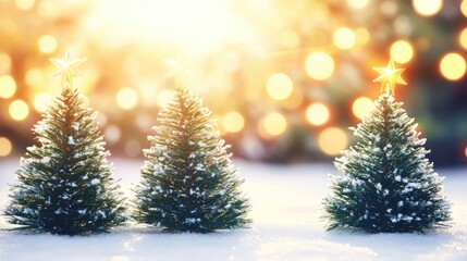Miniature Christmas trees covered in snow, with golden lights bokeh in the background.