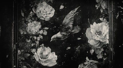 Vintage-style artwork of a bird amidst roses.