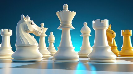 White chess pieces strategically positioned on a chessboard, facing yellow pieces.