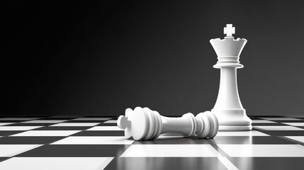 White chess queen and fallen pawns on a chessboard.