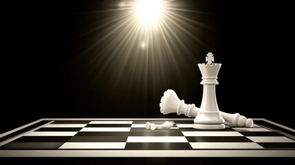 White chess queen victorious over fallen opponents on chessboard under spotlight.