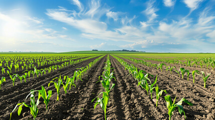 Rows of young corn plants growing on a vast field with fertile soil leading to the horizon.