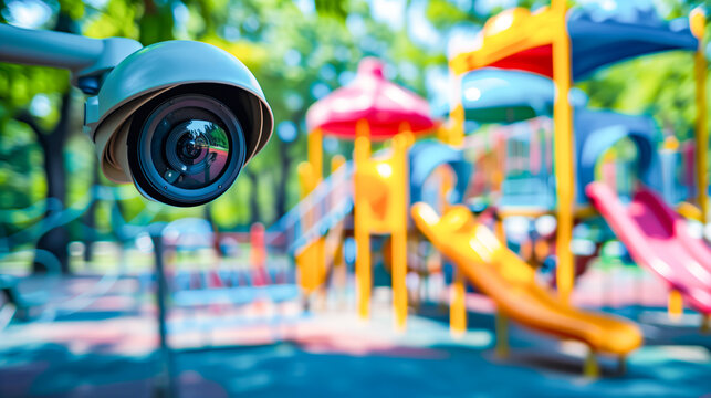 CCTV Closed circuit camera security system, TV monitoring at kid kindergarten school playground outdoor.