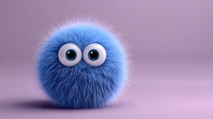 Obraz premium Cute Blue Fur Ball with Big Eyes on Soft Purple Background