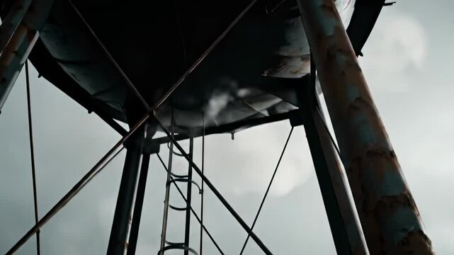 crow squawk - A solitary raven perched on a metal structure, silhouetted against a cloudy sky, creating a dramatic atmosphere in an industrial setting