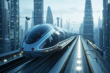 Futuristic transit pods and maglev trains glide through a clean blue megacity with elegant innovation.